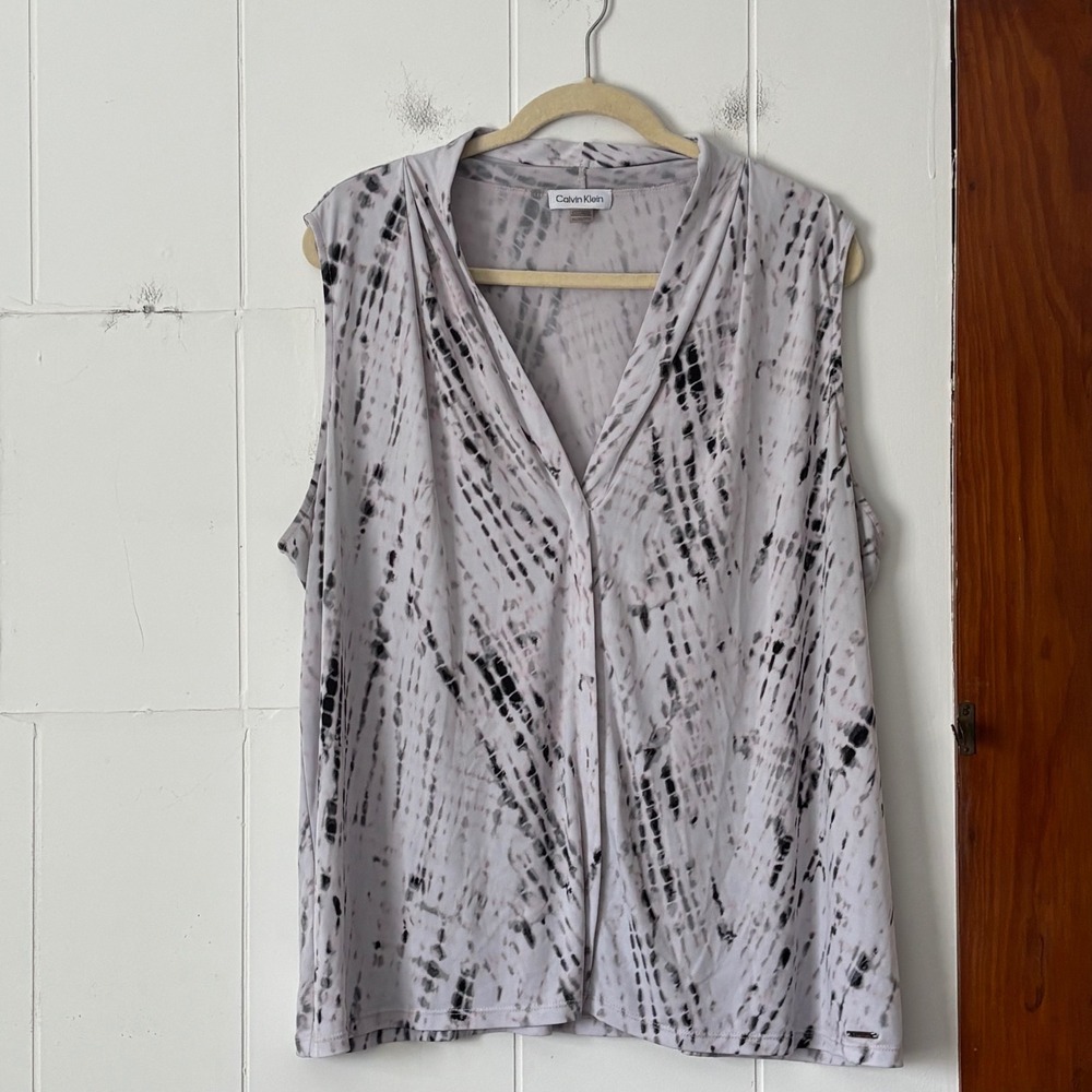 Calvin‎ Klein Womens 2X Grey Tie Dye Draped V-Neck Sleeveless Blouse Shell